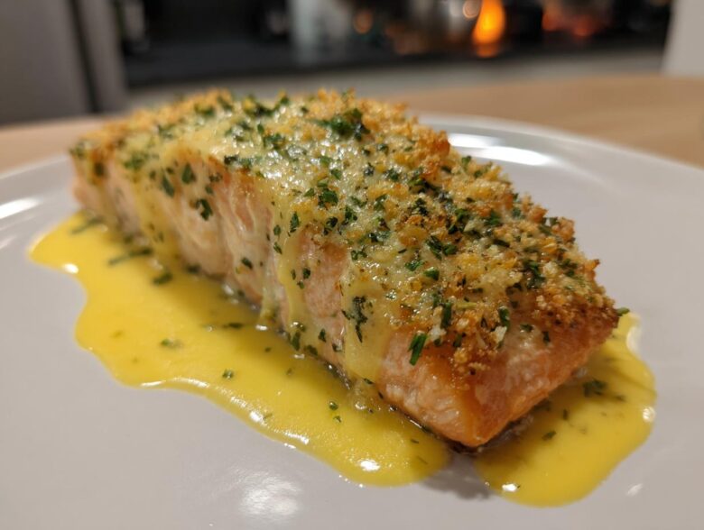 A perfectly cooked fillet of Garlic Butter Salmon with Lemon Garlic Sauce, topped with breadcrumbs and parsley.