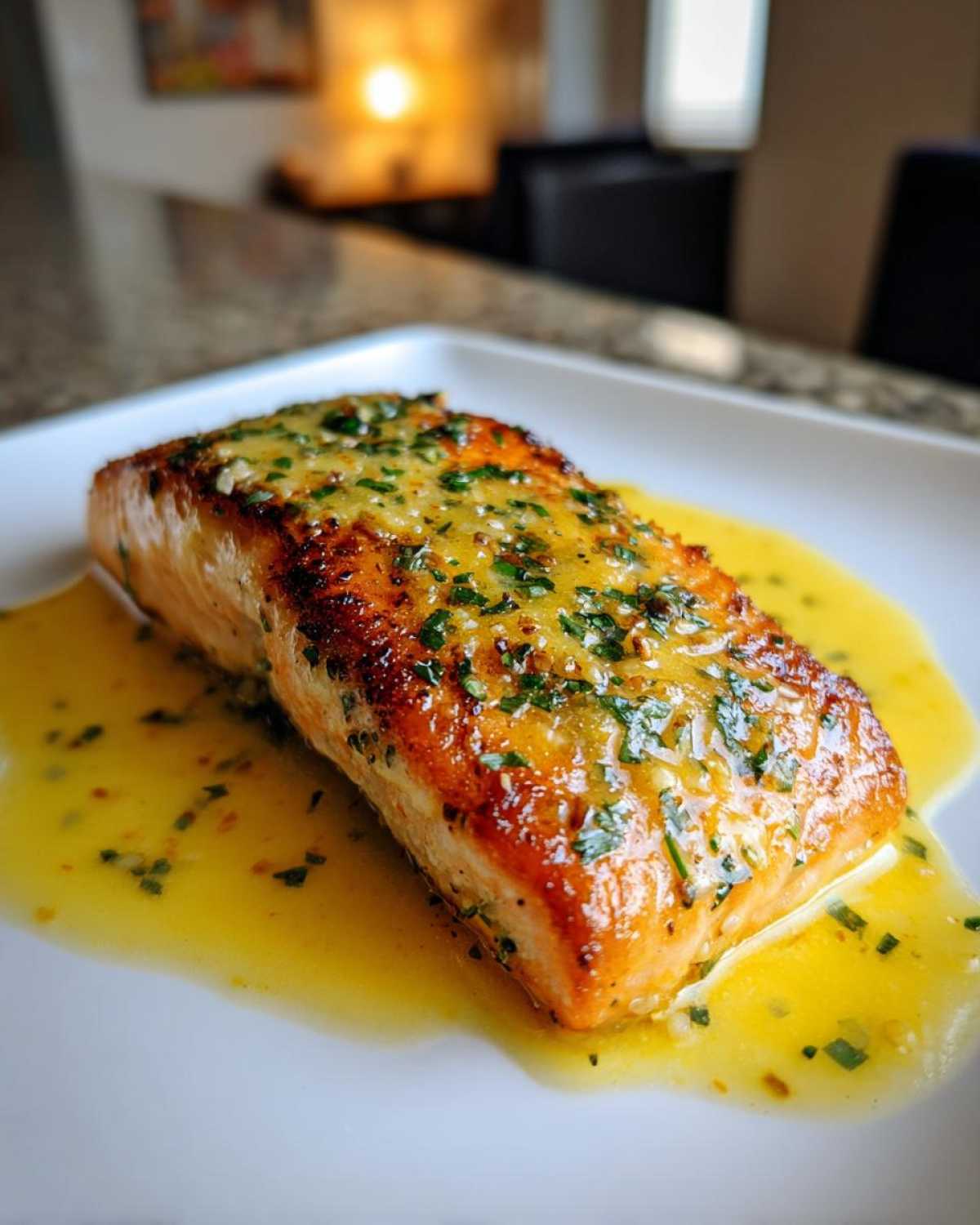 Close-up of a pan-seared fillet of Garlic Butter Salmon with Lemon Garlic Sauce drizzled over it.