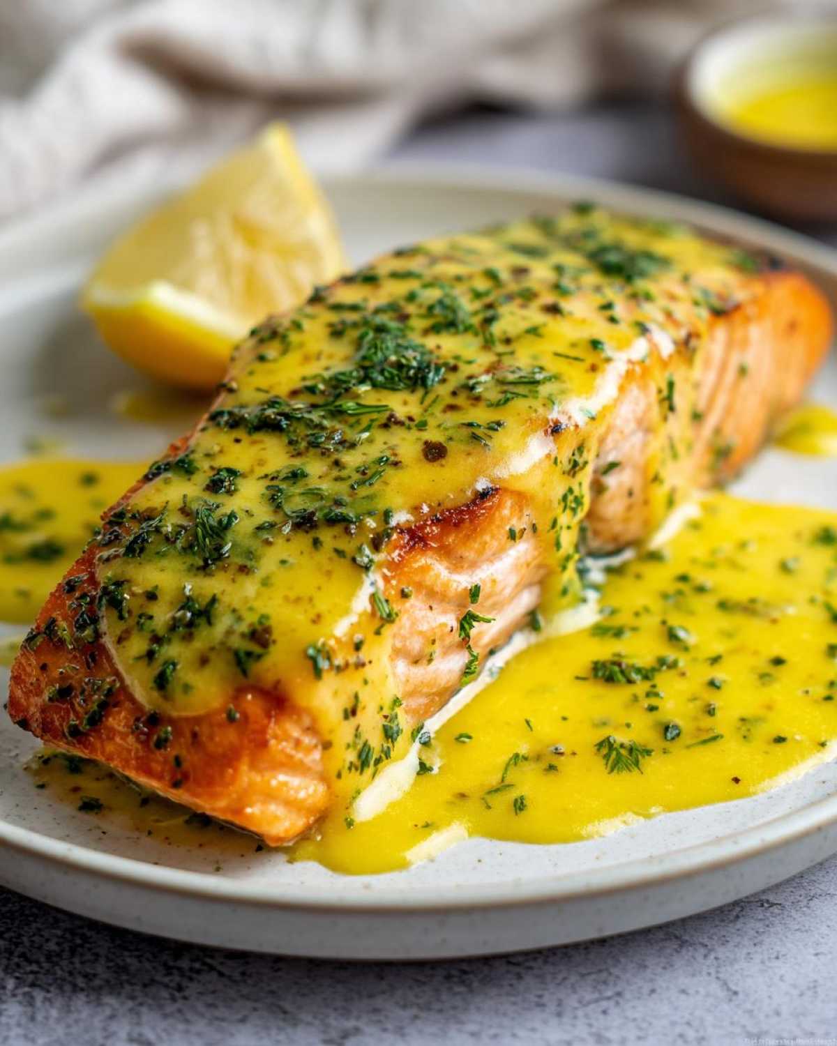 Close-up of a perfectly cooked fillet of Garlic Butter Salmon with Lemon Garlic Sauce poured over it.