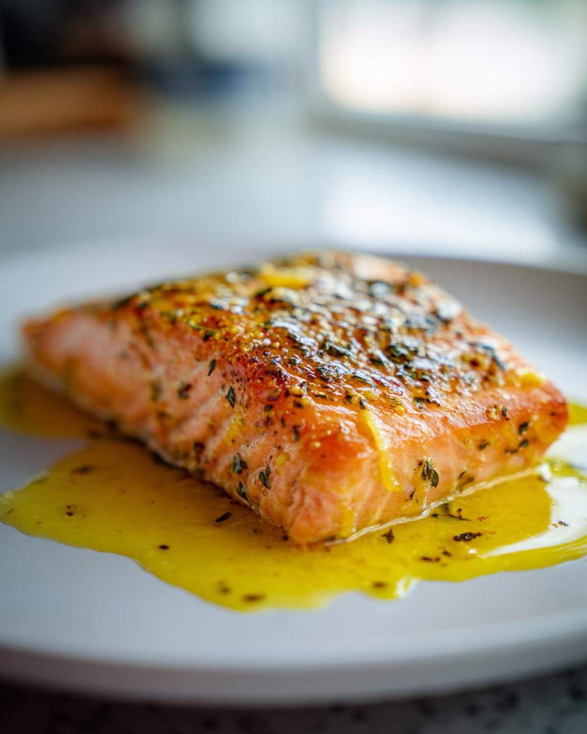 Close-up of a flaky, orange fillet of Garlic Butter Salmon with Lemon Garlic Sauce pooling underneath.