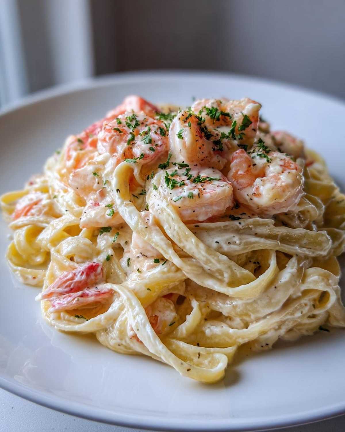 Close-up of creamy Garlic Butter Shrimp Alfredo Pasta with fettuccine noodles and garnished with parsley.