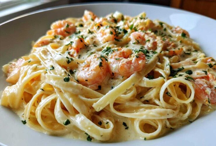 Close-up of creamy Garlic Butter Shrimp Alfredo Pasta with fettuccine noodles and pink shrimp, garnished with parsley.