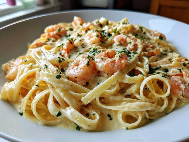 Close-up of creamy Garlic Butter Shrimp Alfredo Pasta with fettuccine noodles and pink shrimp, garnished with parsley.