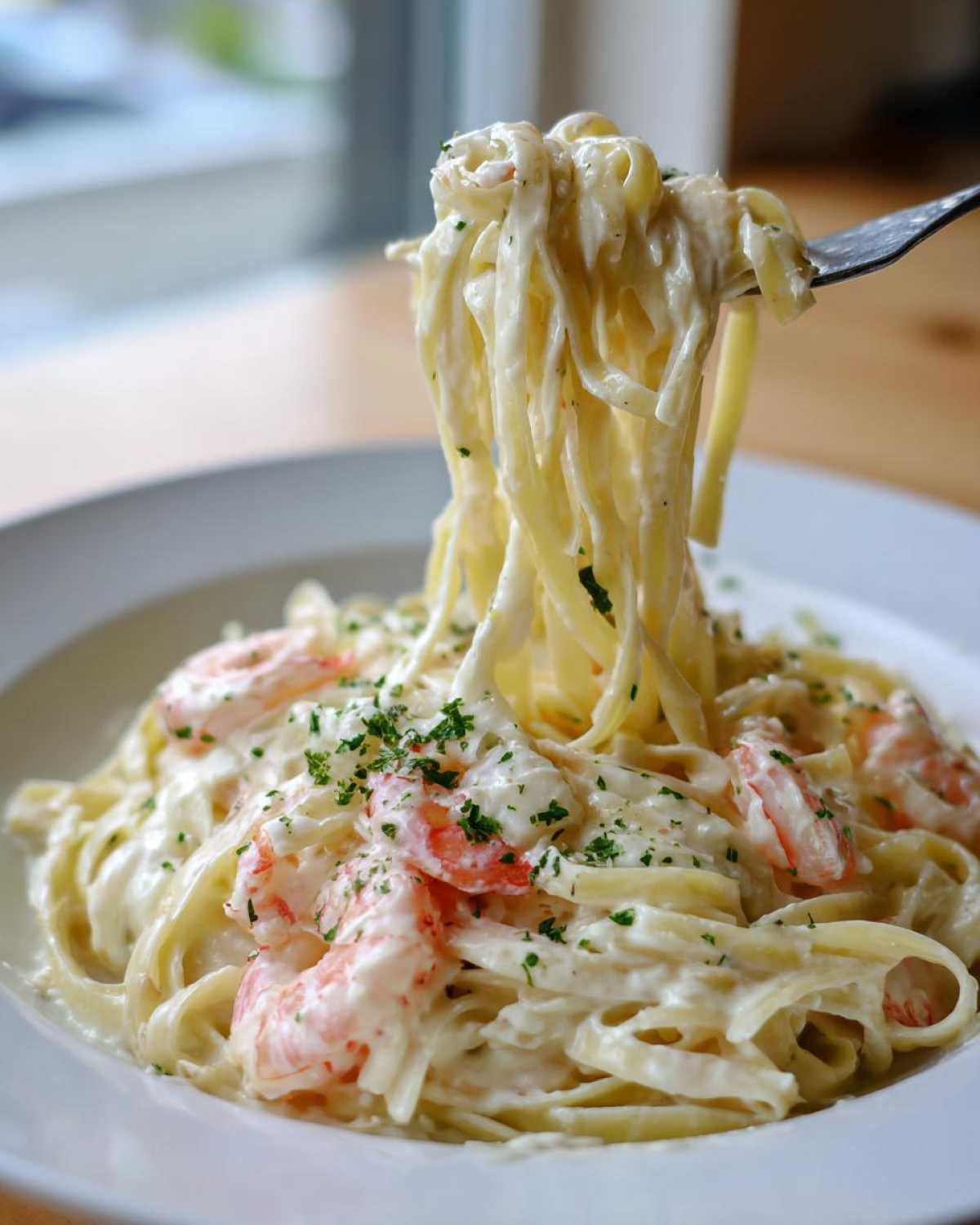 A fork twirling fettuccine coated in creamy sauce, featuring pink shrimp in Garlic Butter Shrimp Alfredo Pasta Alfredo Pasta.