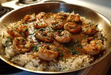 Close-up of Garlic Butter Shrimp and Rice Skillet cooking in a stainless steel pan, garnished with parsley.