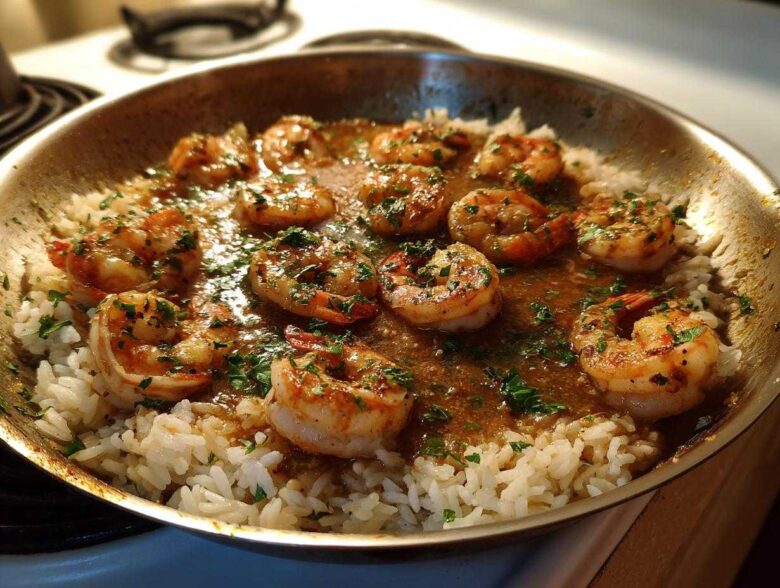 Close-up of Garlic Butter Shrimp and Rice Skillet cooking in a stainless steel pan, garnished with parsley.