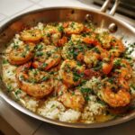 Close-up of Garlic Butter Shrimp and Rice Skillet, featuring plump shrimp coated in garlic butter and parsley over white rice in a stainless steel pan.
