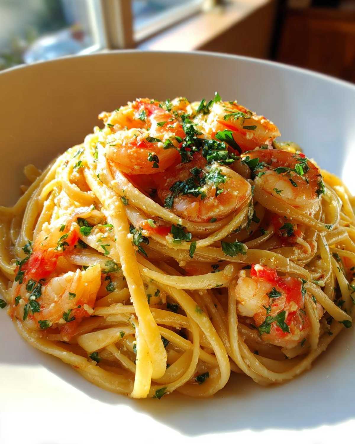 Close-up of Garlic Butter Shrimp with Pasta tossed in a creamy sauce and topped with fresh parsley.