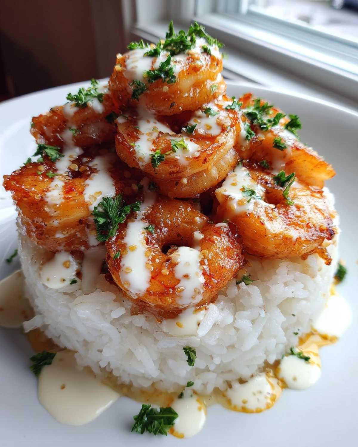 A beautifully plated Garlic Butter Shrimp Rice Bowl featuring perfectly cooked shrimp stacked on white rice, drizzled with garlic sauce and parsley.