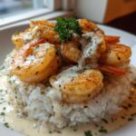 Close-up of a Garlic Butter Shrimp Rice Bowl featuring seasoned shrimp piled on white rice, drizzled with creamy garlic sauce.