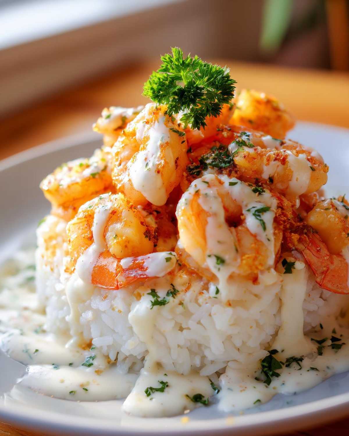 Close-up of a Garlic Butter Shrimp Rice Bowl, featuring seasoned shrimp piled high on white rice, drizzled with a creamy garlic sauce and parsley.