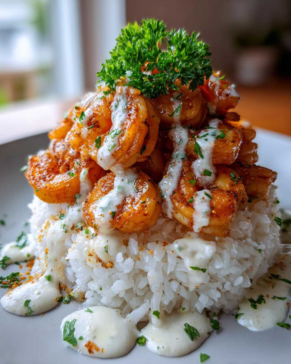A mound of white rice topped with seasoned Garlic Butter Shrimp and drizzled with a creamy garlic sauce, garnished with parsley.