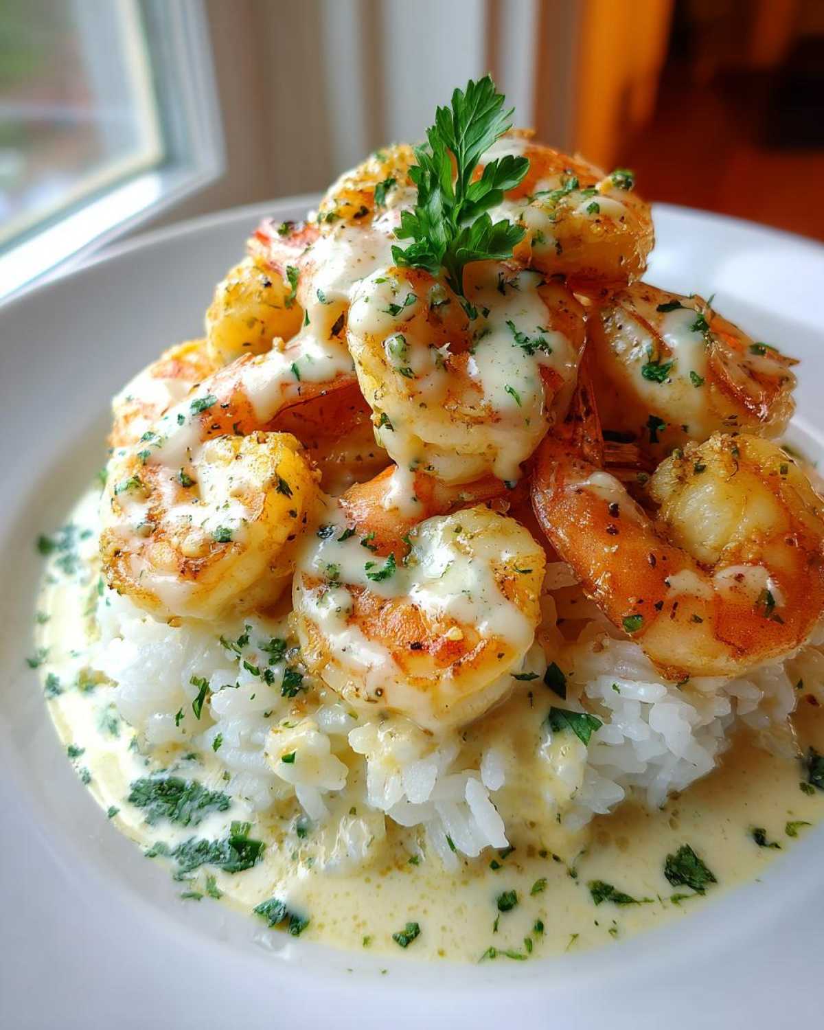 Close-up of a Garlic Butter Shrimp Rice Bowl topped with creamy garlic sauce and fresh parsley.
