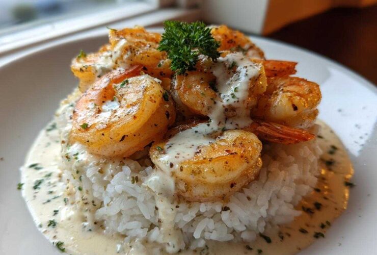 Close-up of a Garlic Butter Shrimp Rice Bowl featuring seasoned shrimp piled on white rice, drizzled with creamy garlic sauce.