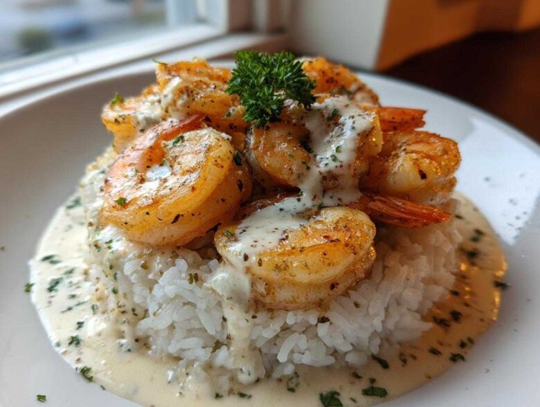 Close-up of a Garlic Butter Shrimp Rice Bowl featuring seasoned shrimp piled on white rice, drizzled with creamy garlic sauce.