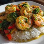 Plated serving of Garlic Butter Shrimp with Rice and Veggies, topped with fresh parsley.