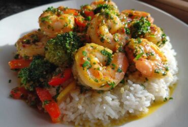 Plated serving of Garlic Butter Shrimp with Rice and Veggies, topped with fresh parsley.