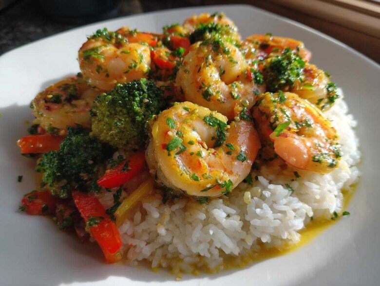 Plated serving of Garlic Butter Shrimp with Rice and Veggies, topped with fresh parsley.