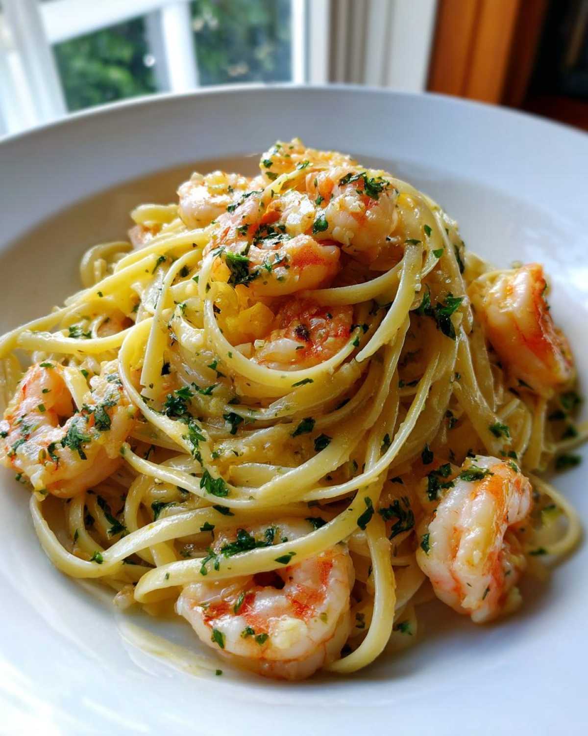Close-up of a white bowl filled with Garlic Butter Shrimp with Pasta, topped with fresh parsley.
