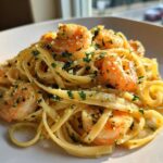 A close-up of delicious Garlic Butter Shrimp with Pasta tossed in a rich, buttery sauce and topped with fresh parsley.