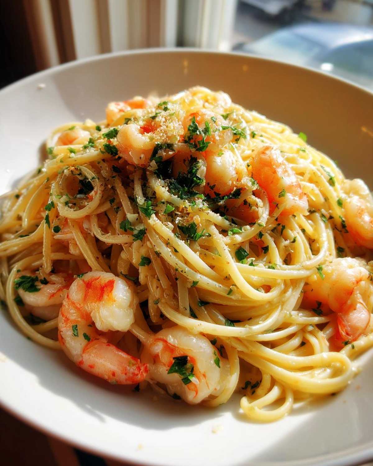 Close-up of a bowl of Garlic Butter Shrimp with Pasta, topped with parsley and Parmesan.