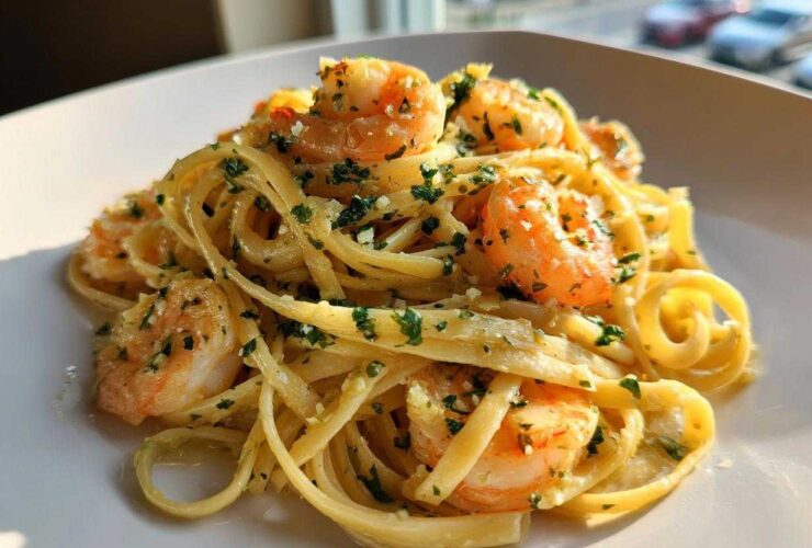 A close-up of delicious Garlic Butter Shrimp with Pasta tossed in a rich, buttery sauce and topped with fresh parsley.