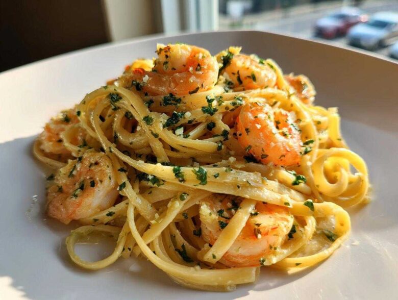 A close-up of delicious Garlic Butter Shrimp with Pasta tossed in a rich, buttery sauce and topped with fresh parsley.