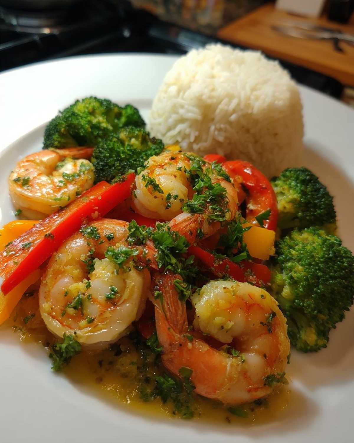 Close-up of Garlic Butter Shrimp with Rice and Veggies, featuring plump shrimp in garlic butter sauce, red peppers, broccoli, and a scoop of white rice.