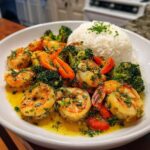 Close-up of Garlic Butter Shrimp with Rice and Veggies, glistening in garlic butter sauce.