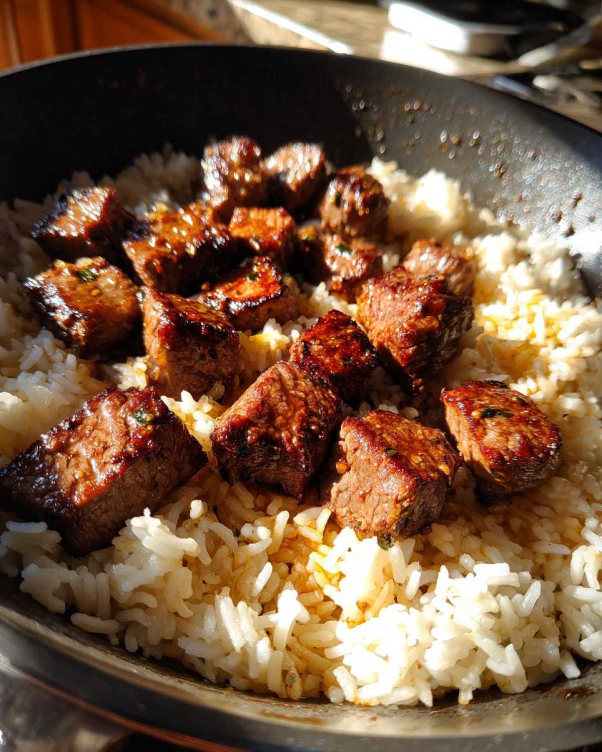Cubes of seared steak coated in garlic butter sauce served over white rice in a dark skillet, showcasing the Garlic Butter Steak and Rice Skillet Dinner.
