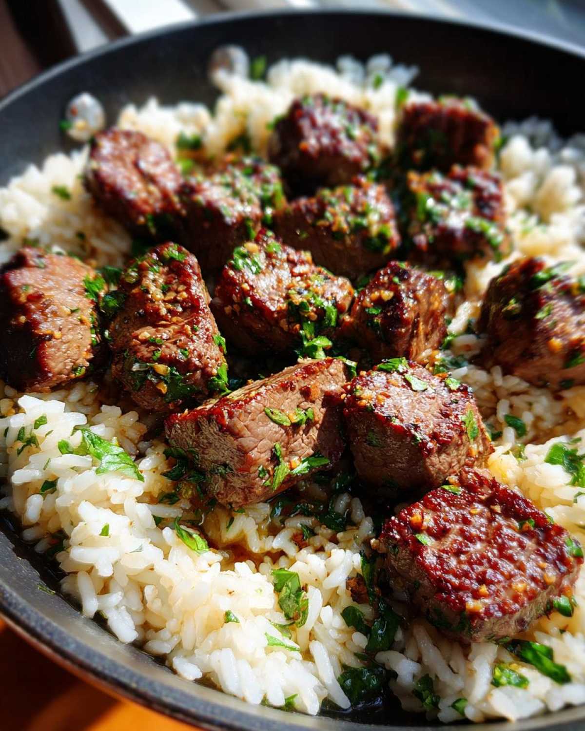 Close-up of tender steak bites coated in garlic butter sauce served over white rice in a skillet for a Garlic Butter Steak and Rice Skillet Dinner.