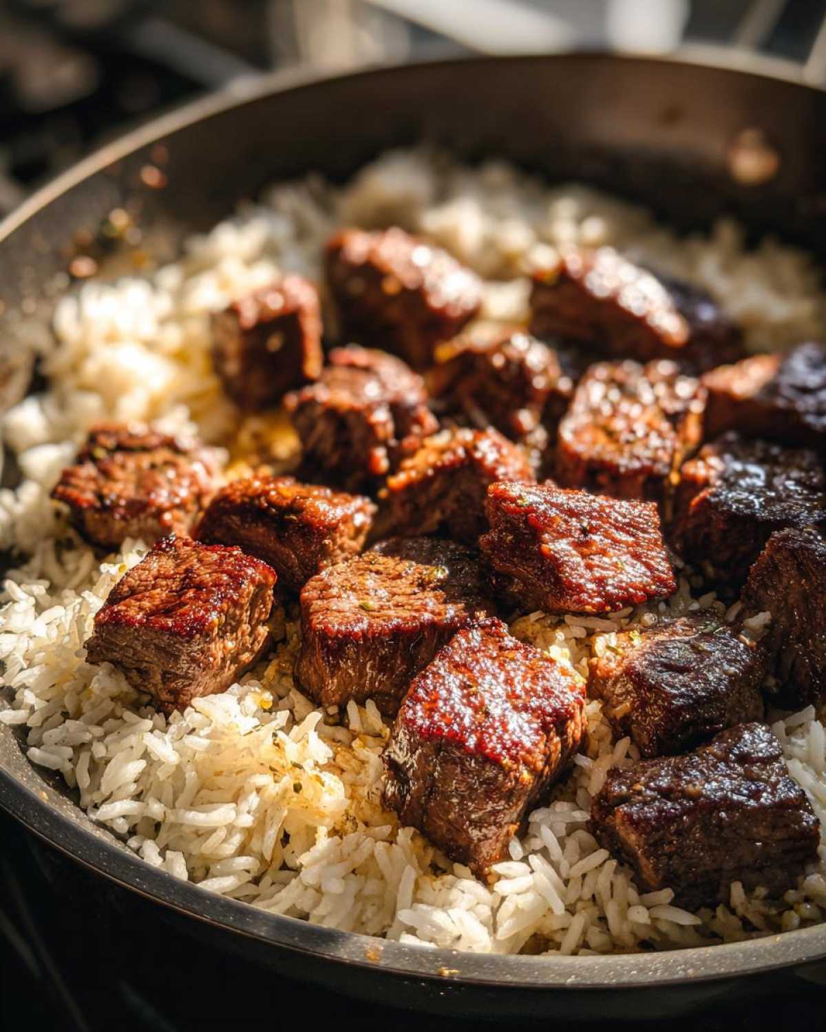 Close-up of seared steak cubes nestled in fluffy white rice in a skillet, part of a Garlic Butter Steak and Rice Skillet Dinner.