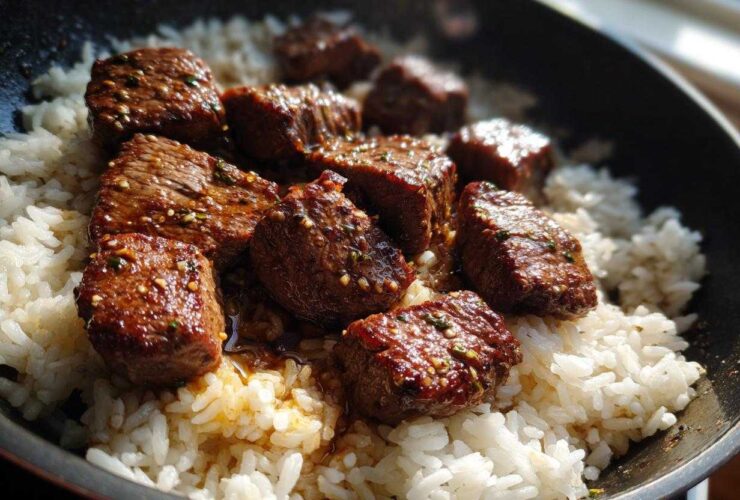 Close-up of seared steak bites coated in garlic butter sauce served over white rice in a black skillet.