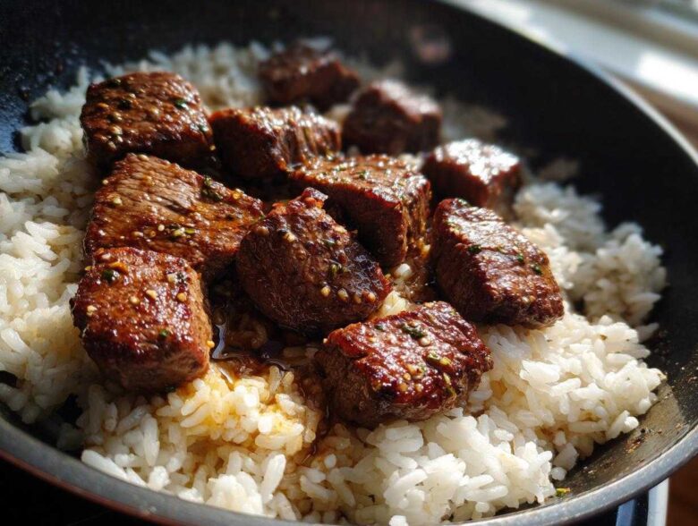 Close-up of seared steak bites coated in garlic butter sauce served over white rice in a black skillet.