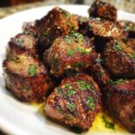 Close-up of perfectly seared Garlic Butter Steak Bites glistening with butter and topped with fresh parsley.
