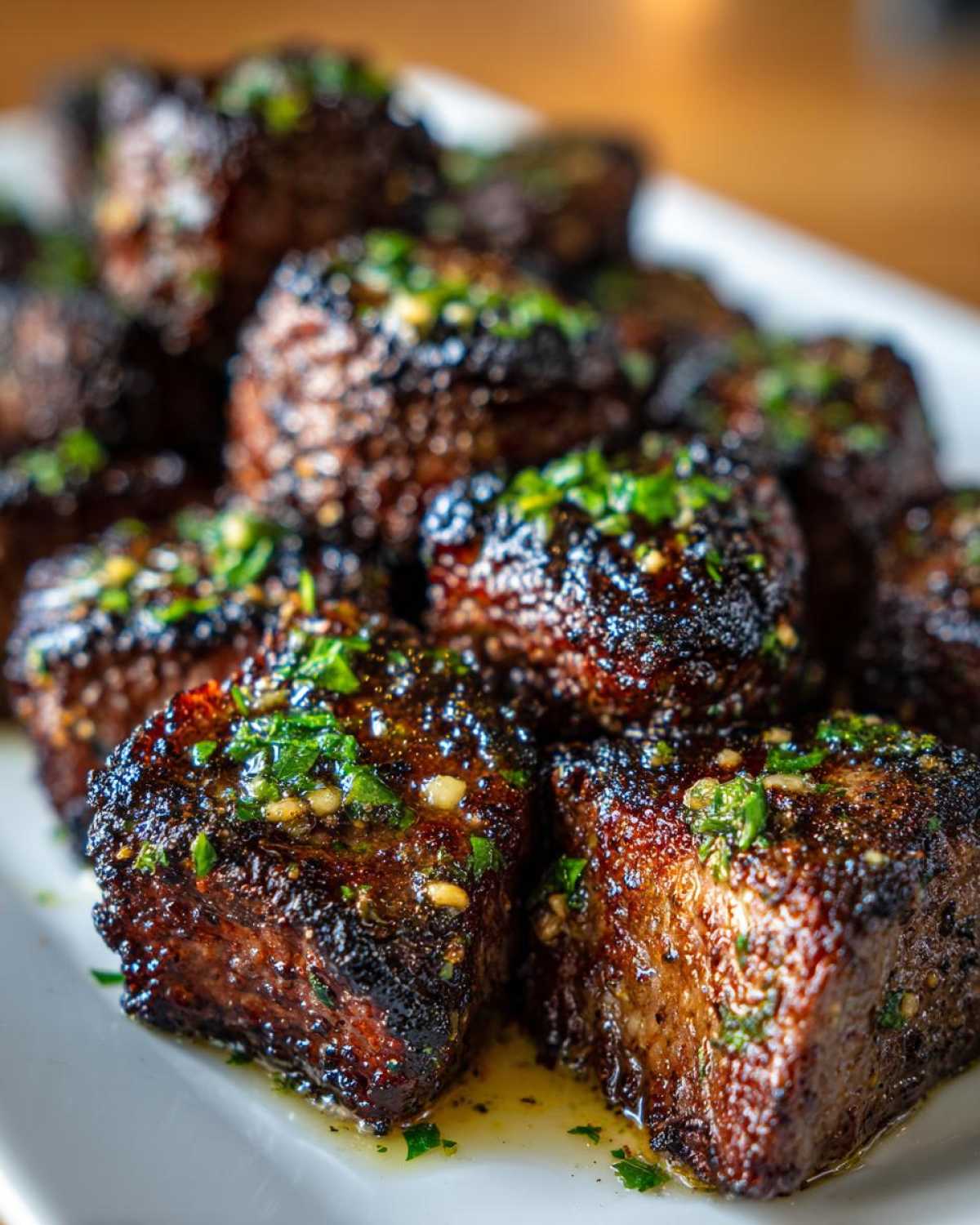 Close-up of juicy Garlic Butter Steak Bites with dark crispy edges, glistening with butter and topped with fresh parsley.