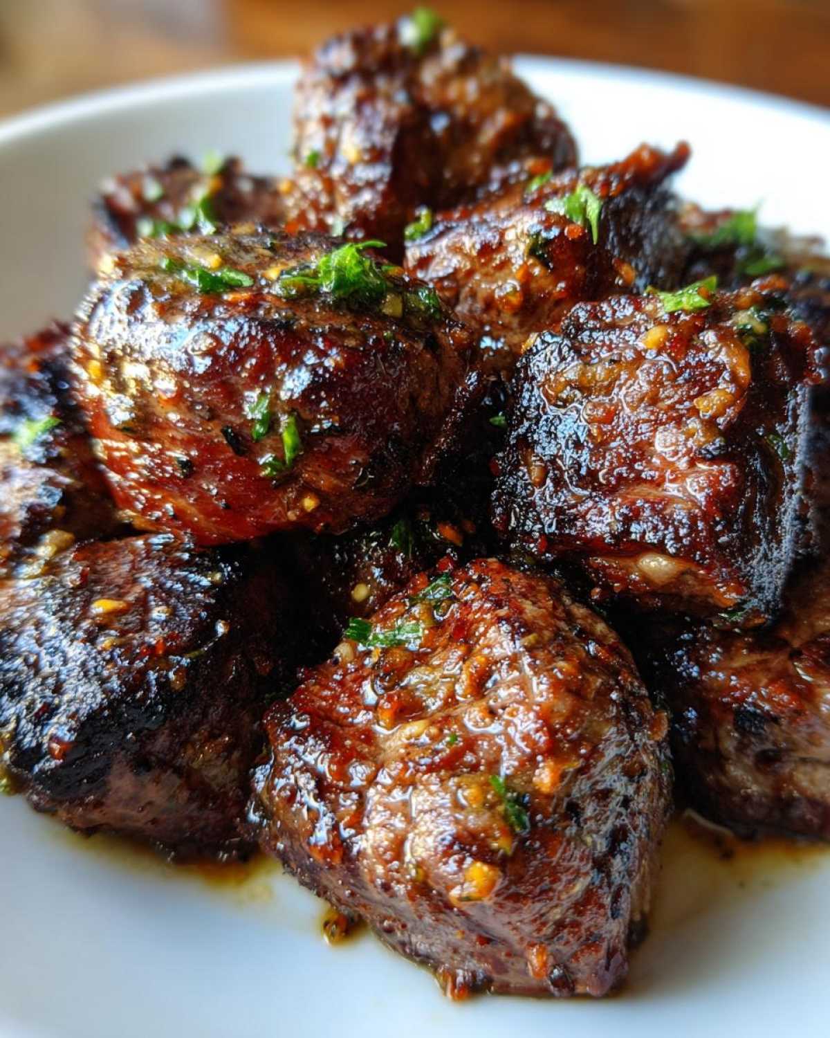 Close-up of juicy Garlic Butter Steak Bites with crispy edges, glistening with sauce and topped with parsley.