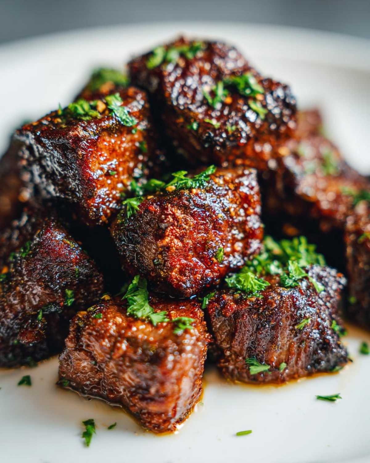 Close-up of perfectly seared Garlic Butter Steak Bites with crispy edges, glistening with sauce and topped with fresh parsley.