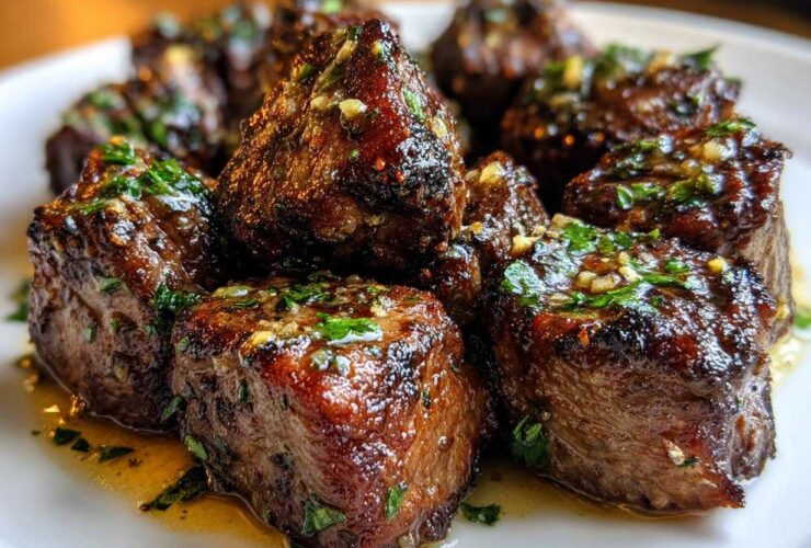 Close-up of perfectly seared Garlic Butter Steak Bites glistening with butter sauce and topped with fresh parsley.