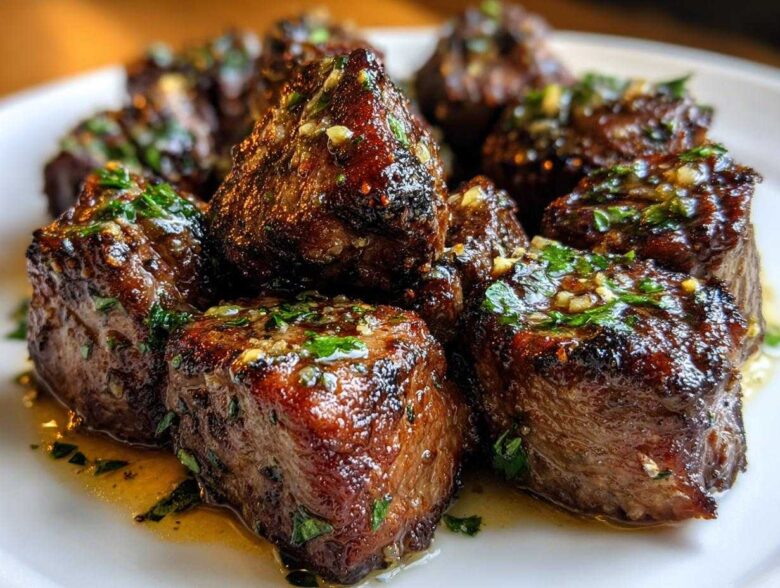 Close-up of perfectly seared Garlic Butter Steak Bites glistening with butter sauce and topped with fresh parsley.