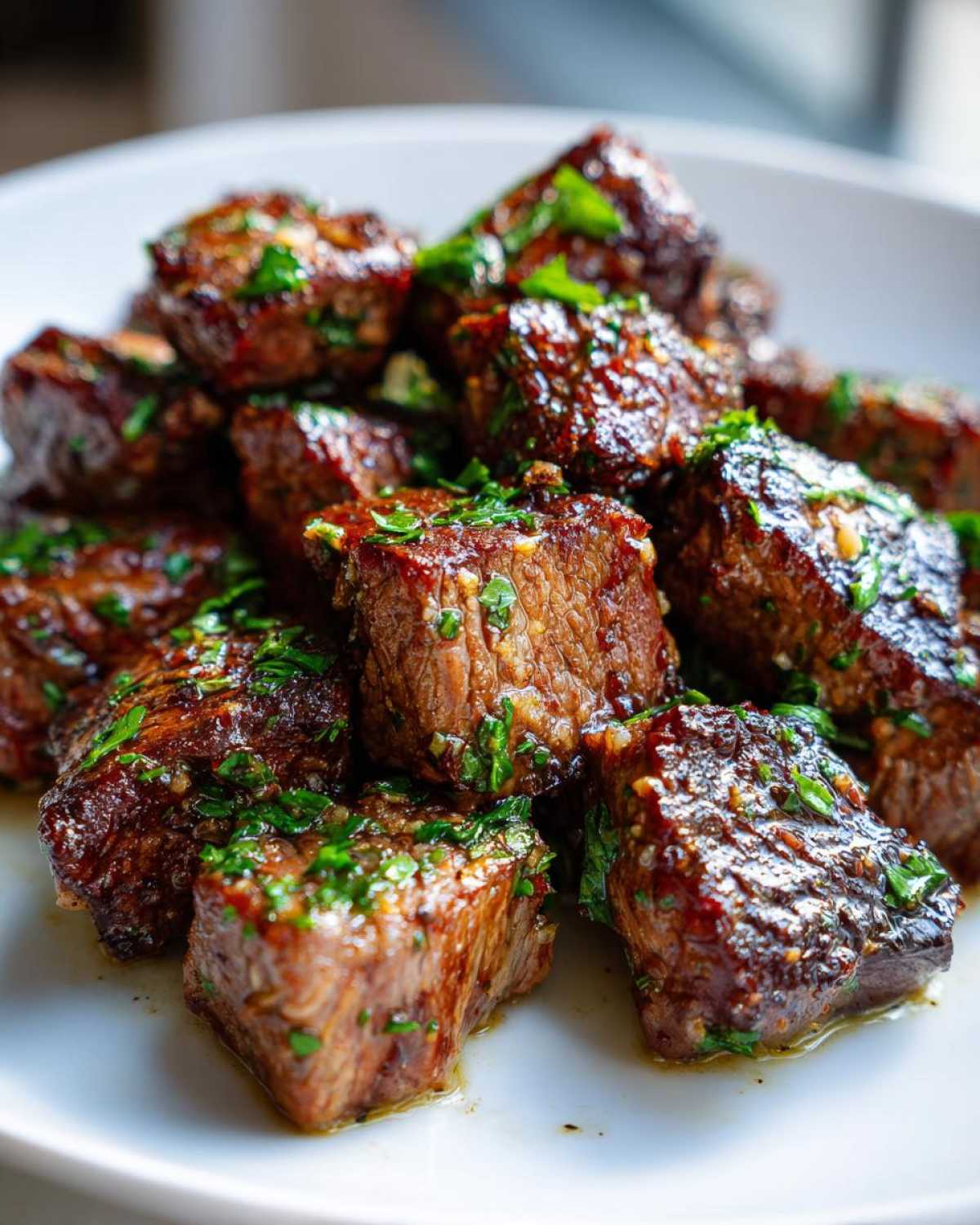 Close-up of tender Garlic Butter Steak Bites coated in glistening sauce and fresh parsley.