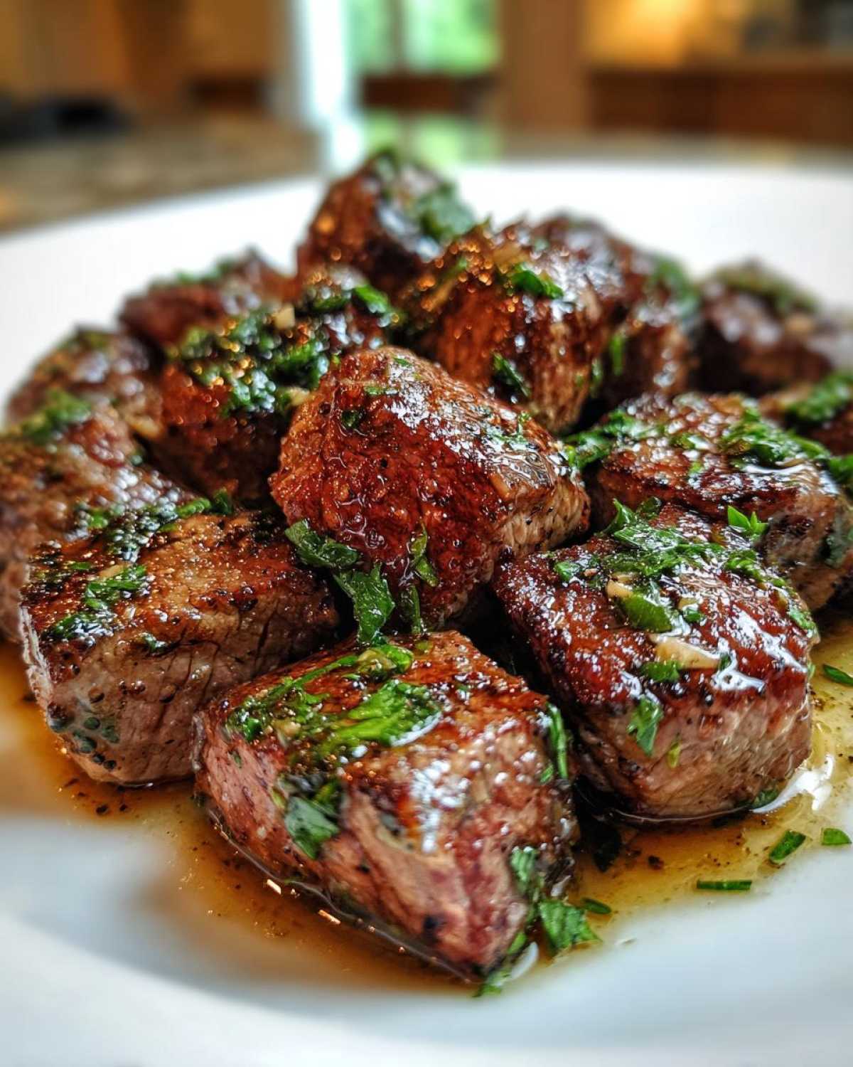 Close-up of perfectly seared Garlic Butter Steak Bites with Juicy Flavor, glistening in butter sauce and topped with fresh parsley.