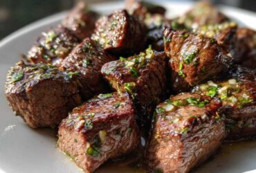 Close-up of perfectly seared Garlic Butter Steak Bites glistening with sauce and herbs on a white plate.