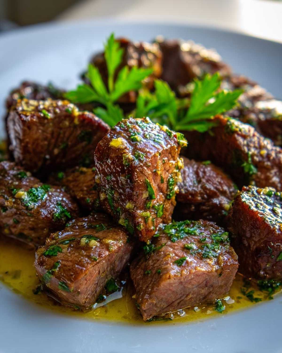 Close-up of tender Garlic Butter Steak Bites coated in glistening garlic butter sauce and fresh parsley.