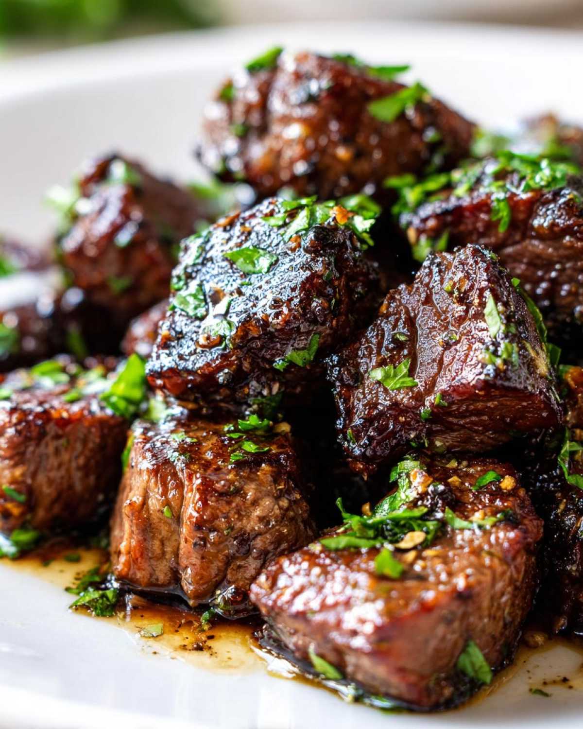 Close-up of juicy Garlic Butter Steak Bites coated in a rich sauce and sprinkled with fresh parsley.