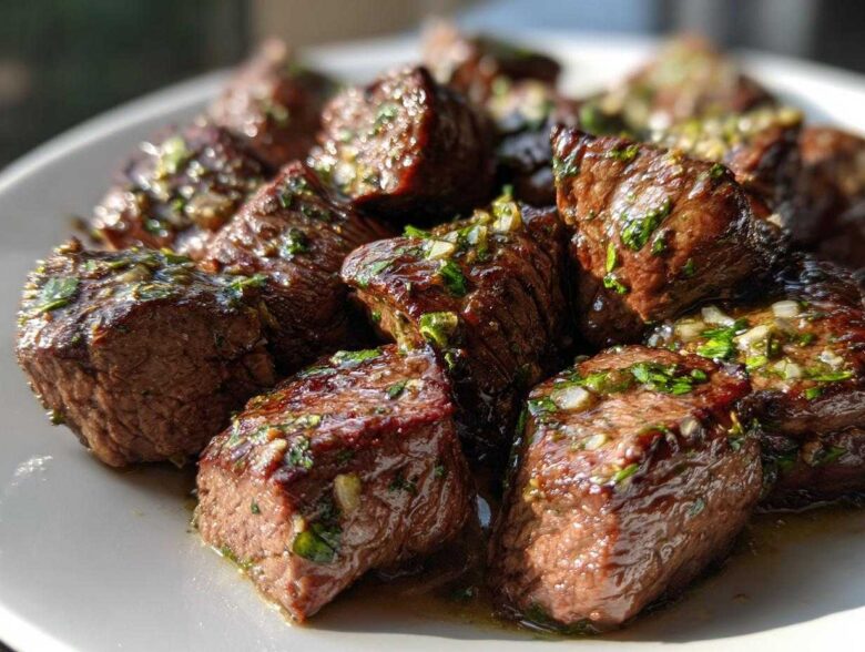 Close-up of perfectly seared Garlic Butter Steak Bites glistening with sauce and herbs on a white plate.
