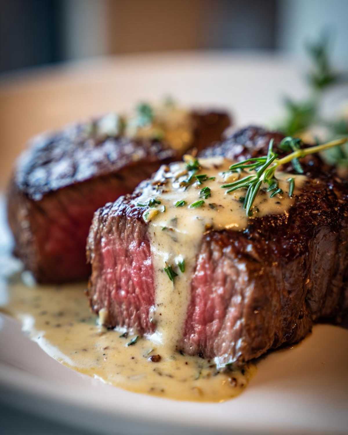 Close-up of a medium-rare steak sliced open, generously topped with creamy sauce and rosemary, showcasing the Garlic Butter Steak with Creamy Sauce.