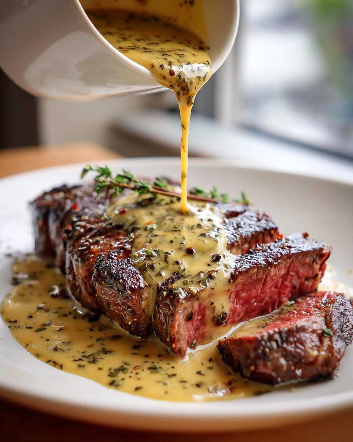Close-up of a perfectly cooked, sliced steak being drizzled with a rich Garlic Butter Steak with Creamy Sauce.