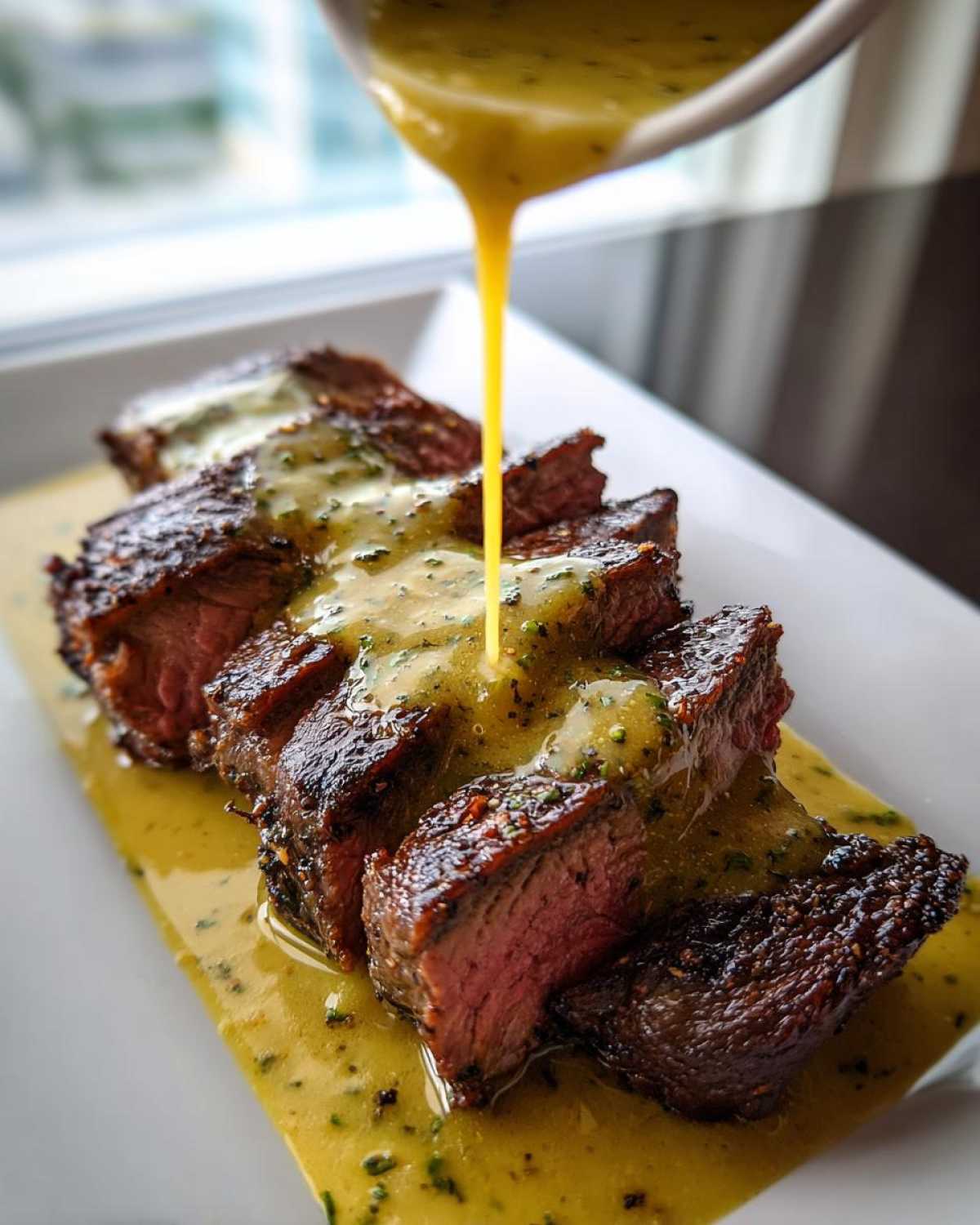 Close-up of sliced steak being generously covered with yellow Garlic Butter Steak with Creamy Sauce.