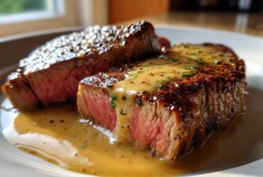 Two thick slices of perfectly cooked Garlic Butter Steak with Creamy Sauce, showing a medium-rare center.